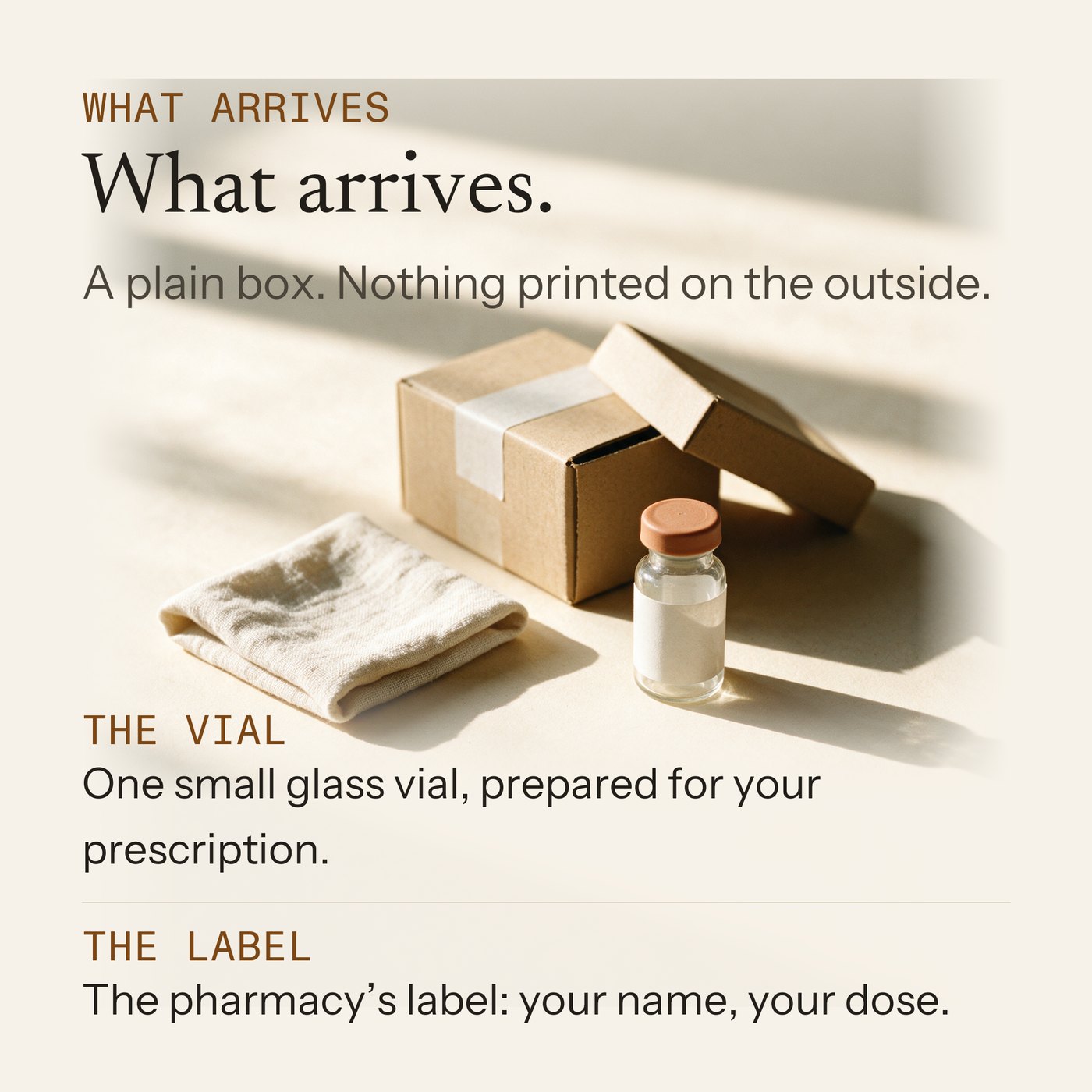 What arrives: a small glass vial and a folded cloth beside a plain kraft box on warm paper