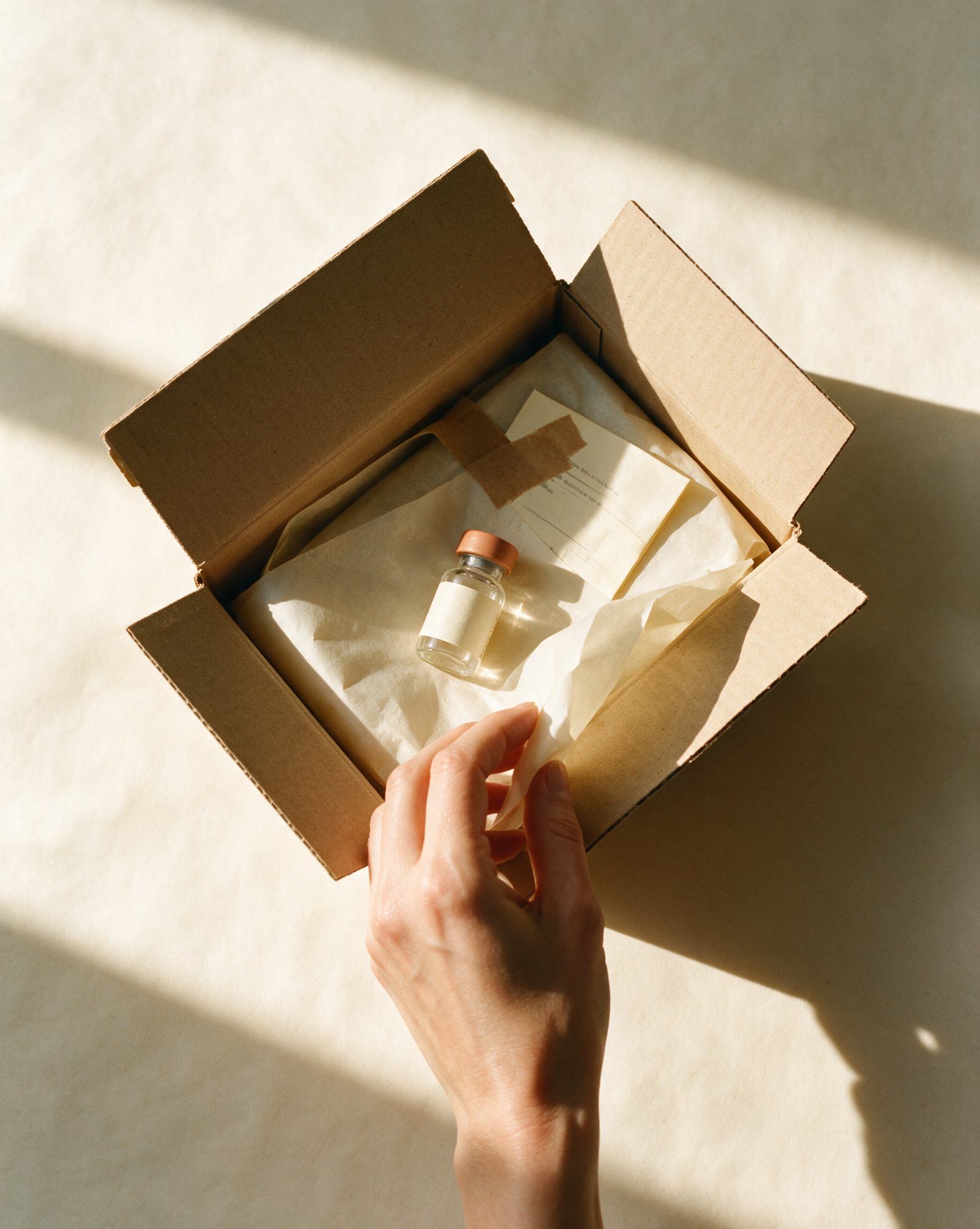 An opened, unmarked shipping box with tissue paper, a small vial with its label turned away, folded paperwork and a hand lifting the tissue