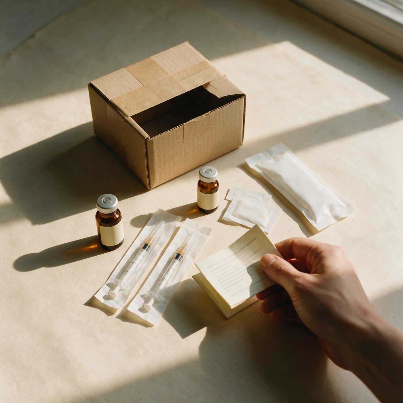 An opened shipping box beside small amber vials, sealed syringes, swabs and a folded instruction card on a paper table