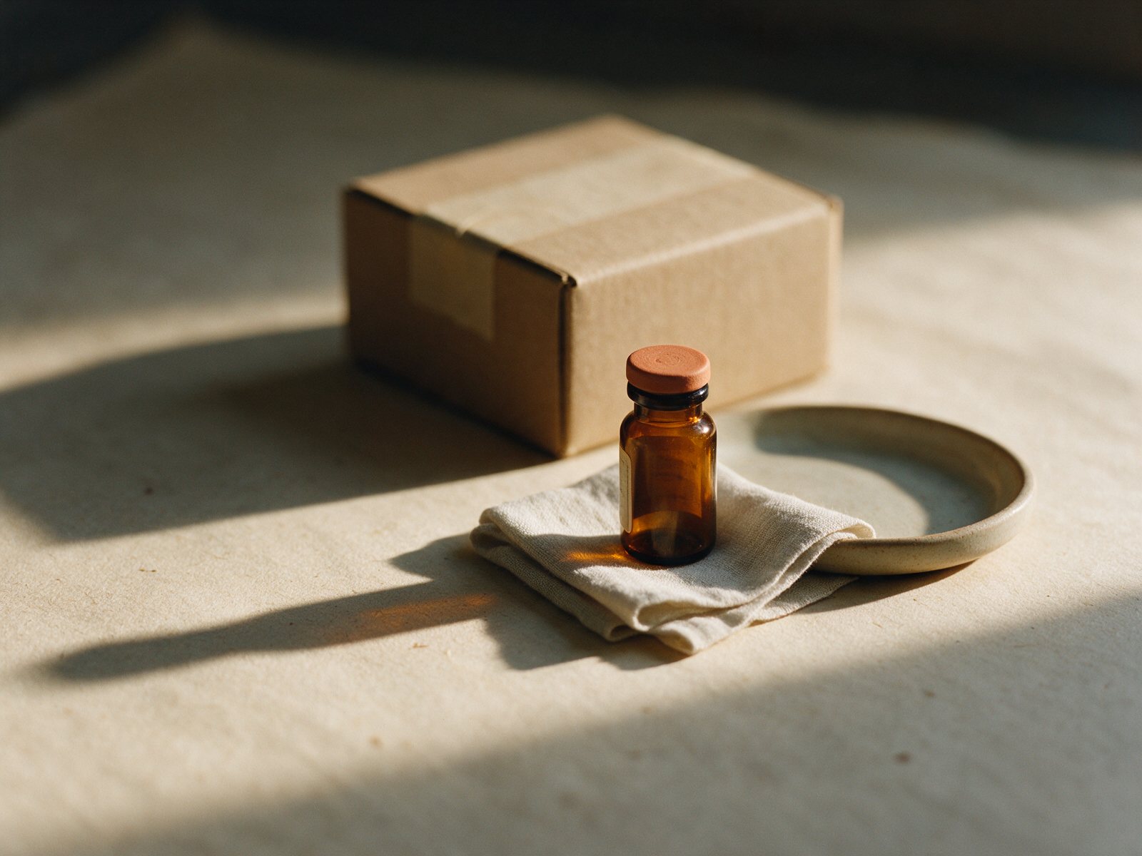 A small amber medication vial with its label turned away, standing on folded linen beside an unmarked shipping box