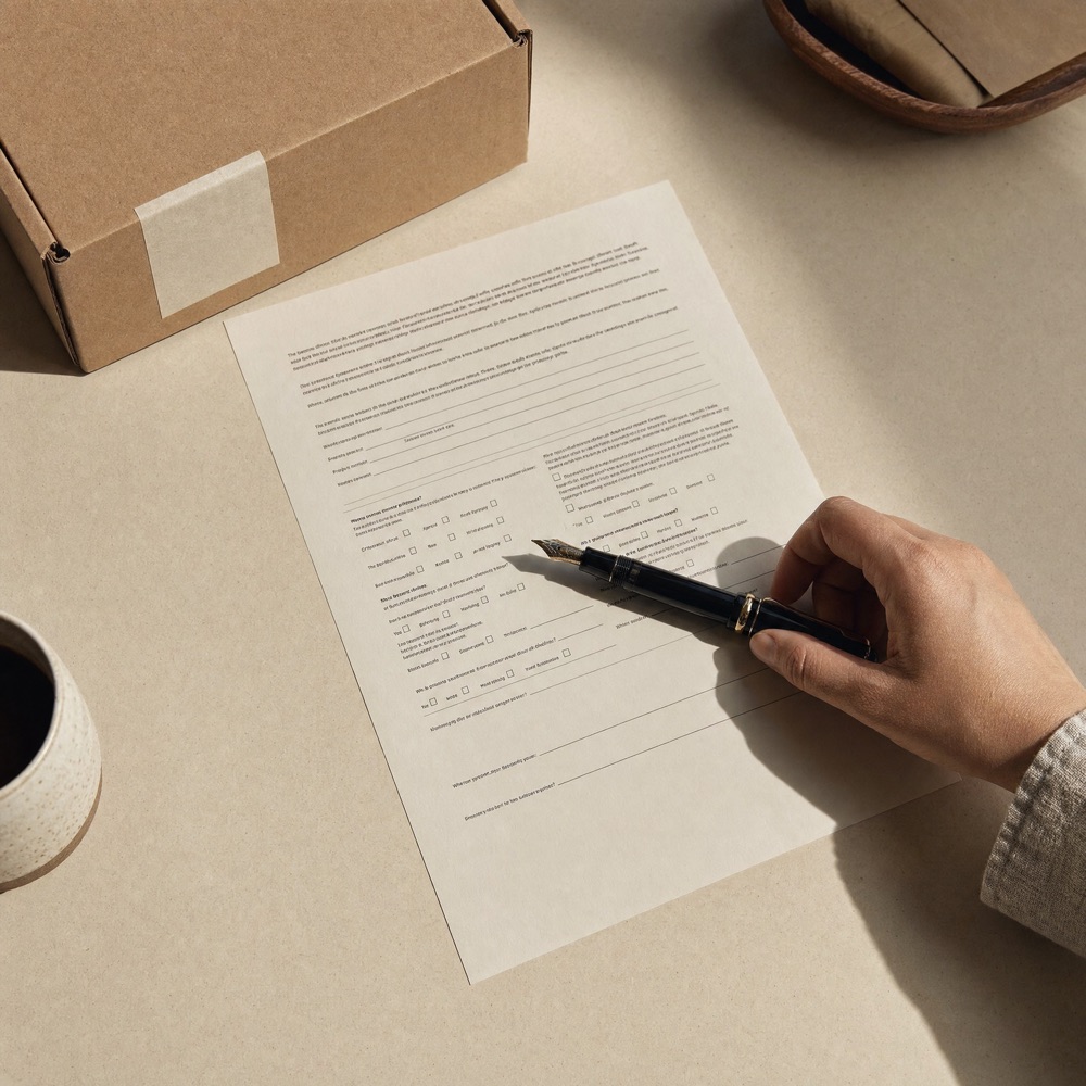 The paperwork of care: an intake form, a fountain pen and an opened shipping box on a paper table