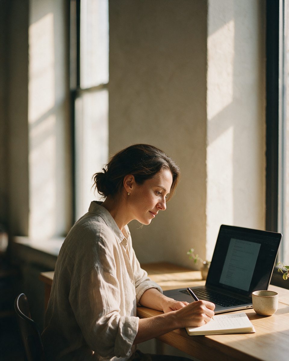 A member of the care team reading a message at a sunlit desk