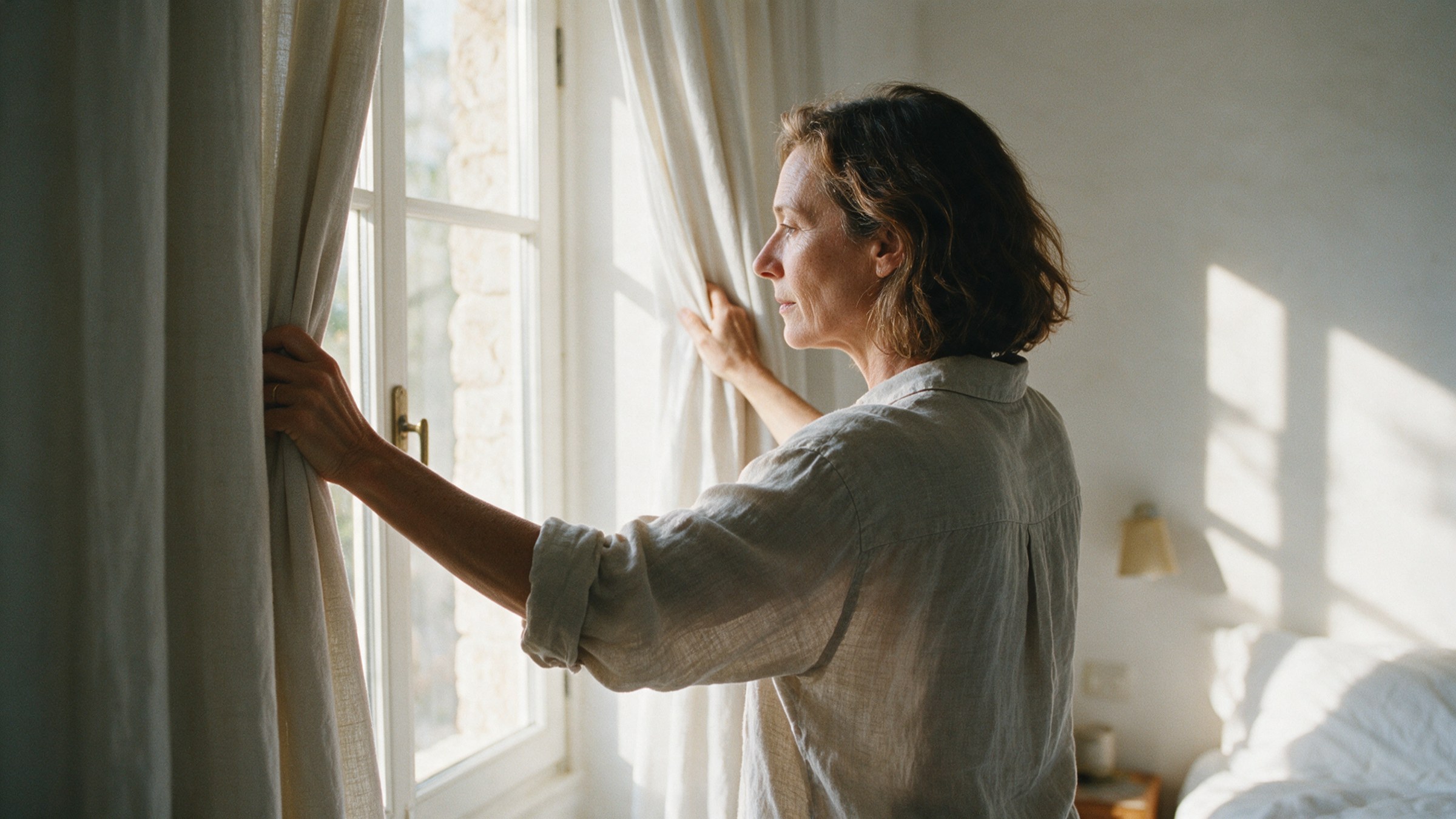 A woman opening the curtains of a bright bedroom in early morning light