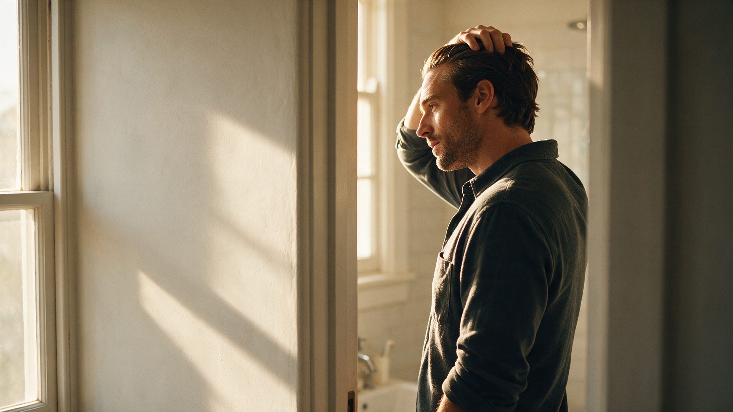 A man running a hand back through his hair in a sunlit doorway