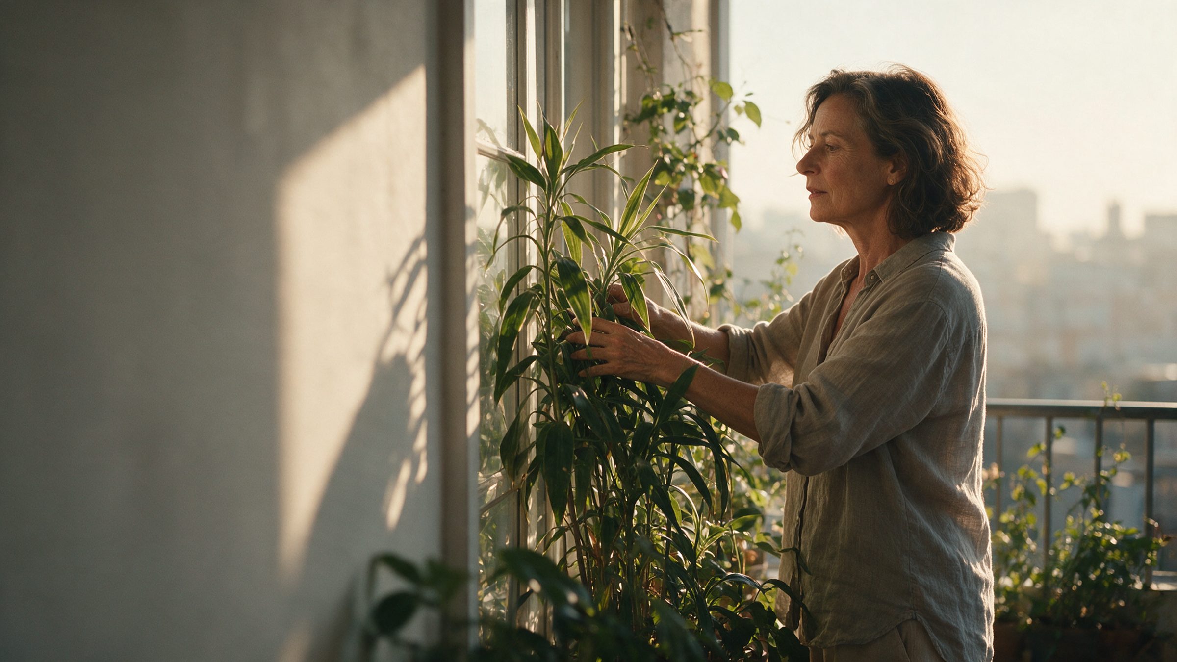A woman tending plants on a sunlit balcony in the morning