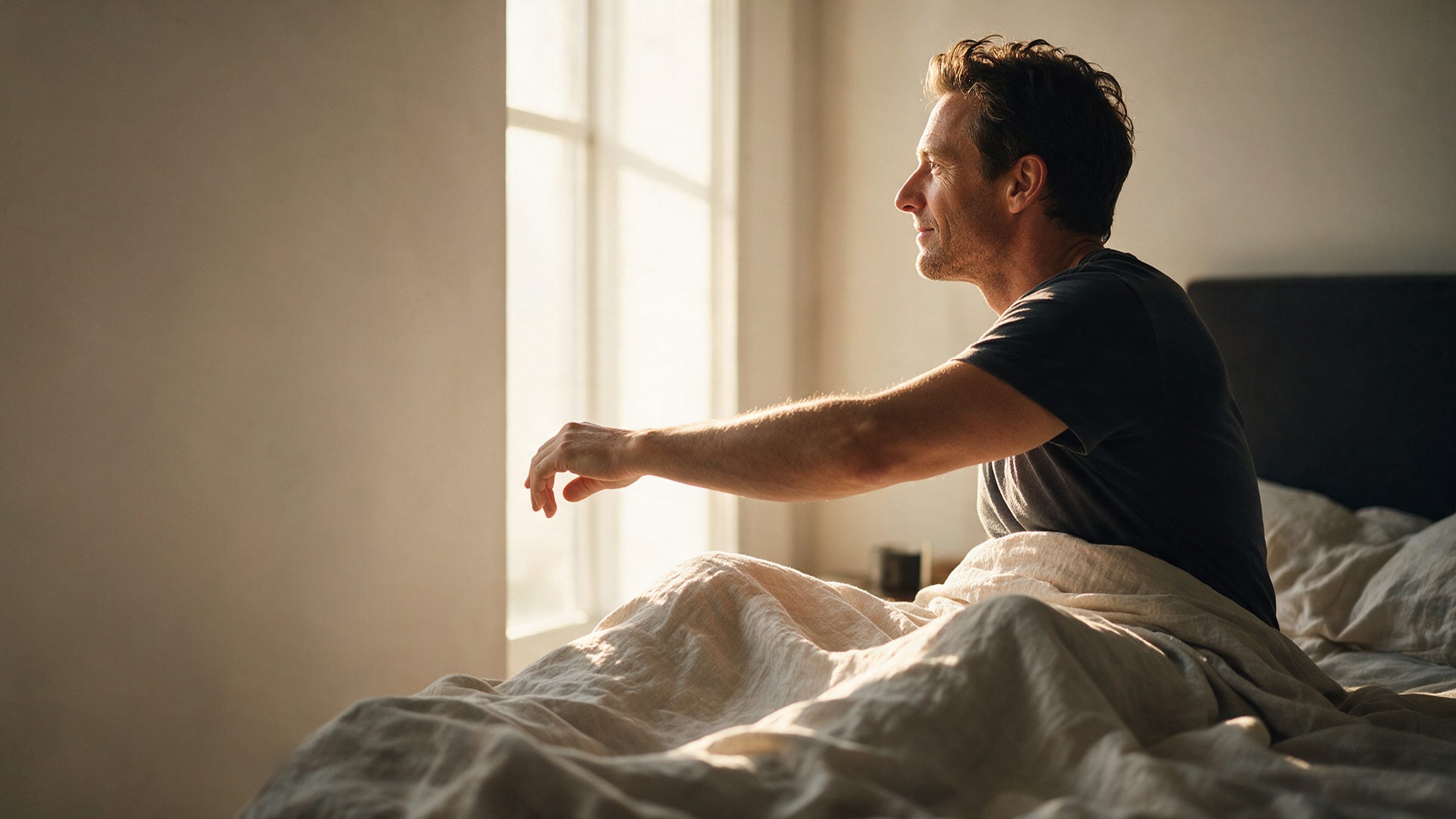 A man sitting up at the edge of a bed in the first morning light