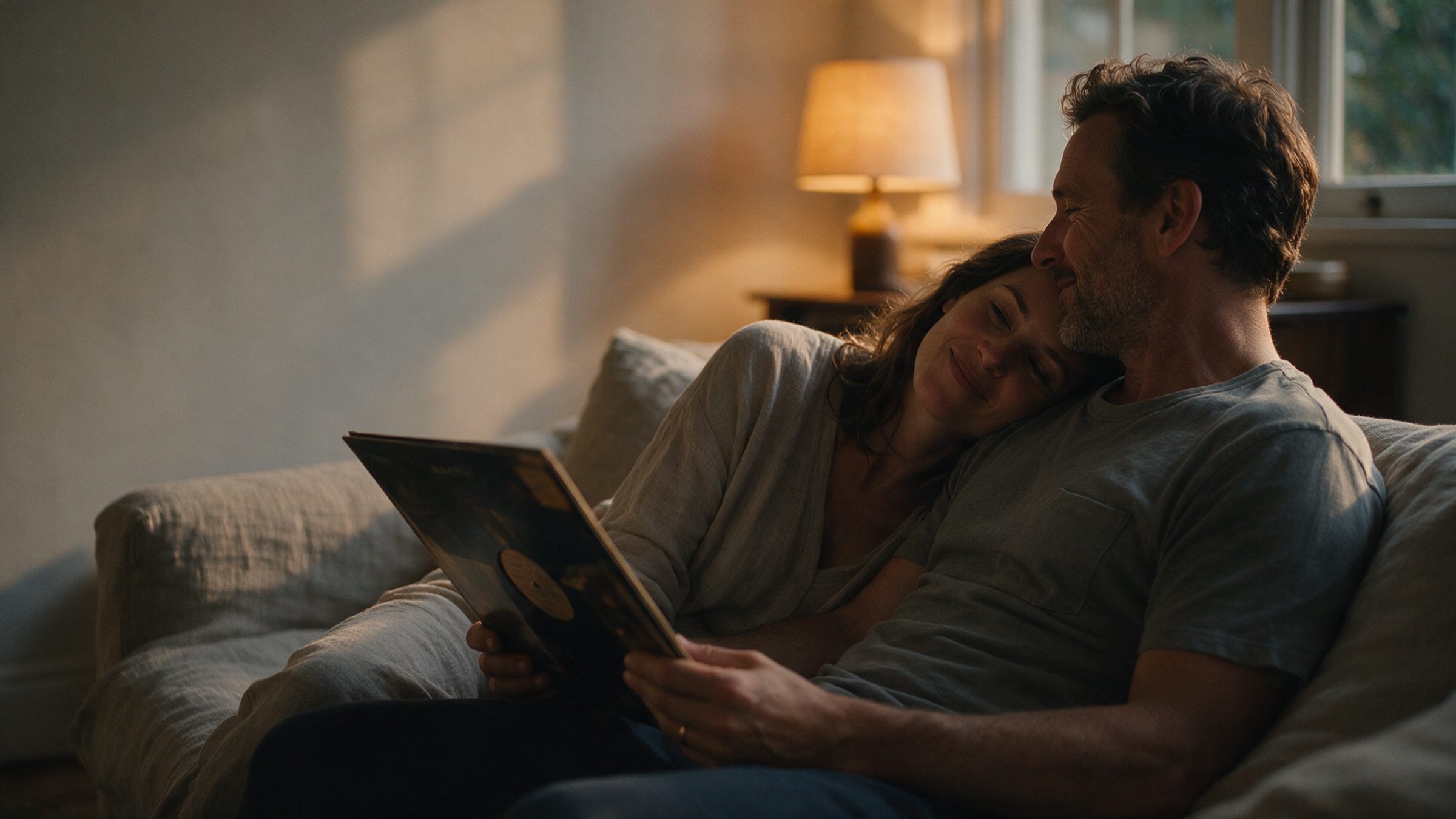 A couple close together on a sofa in warm evening lamplight