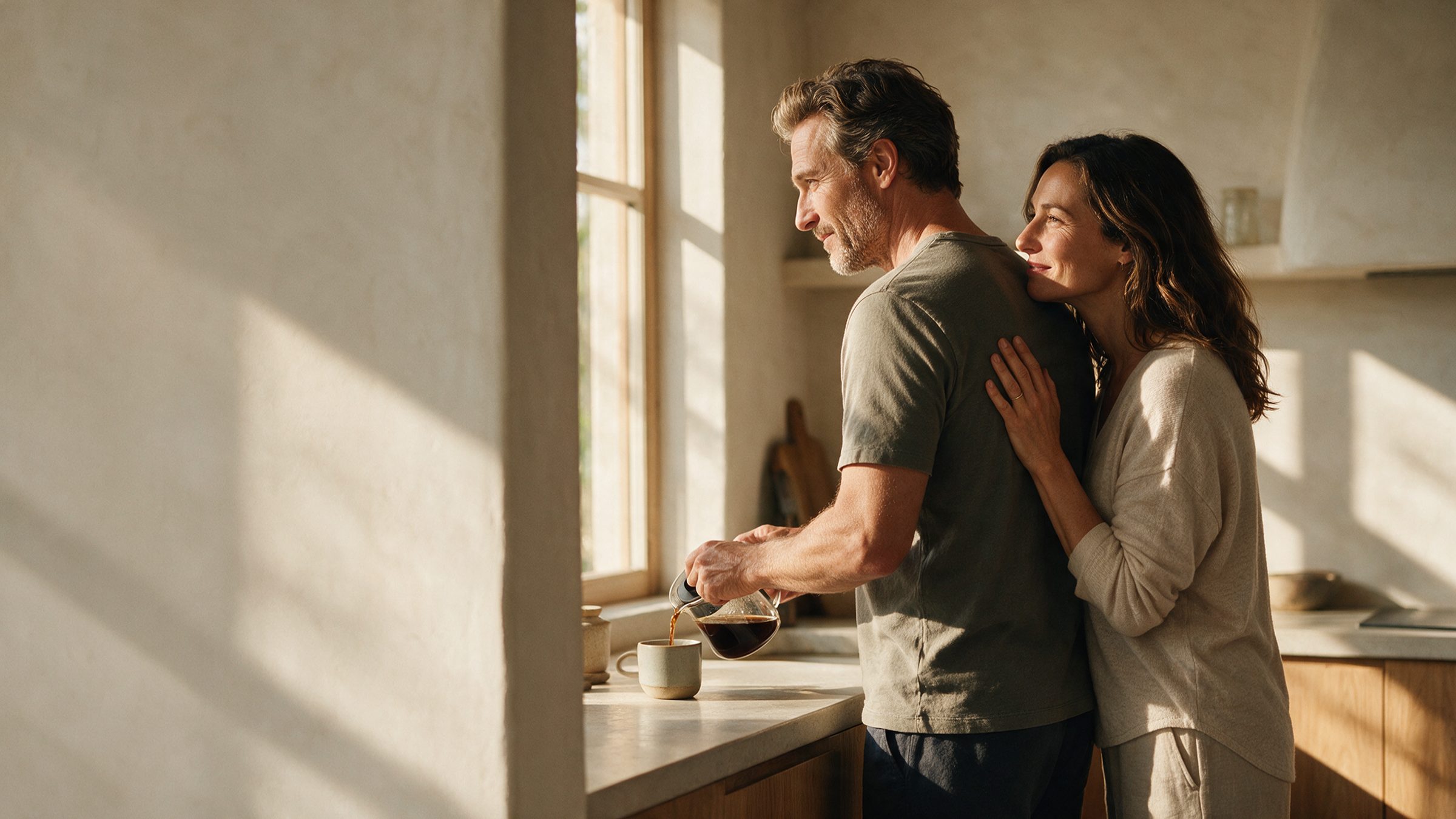 A couple close together at a sunlit kitchen counter in the morning