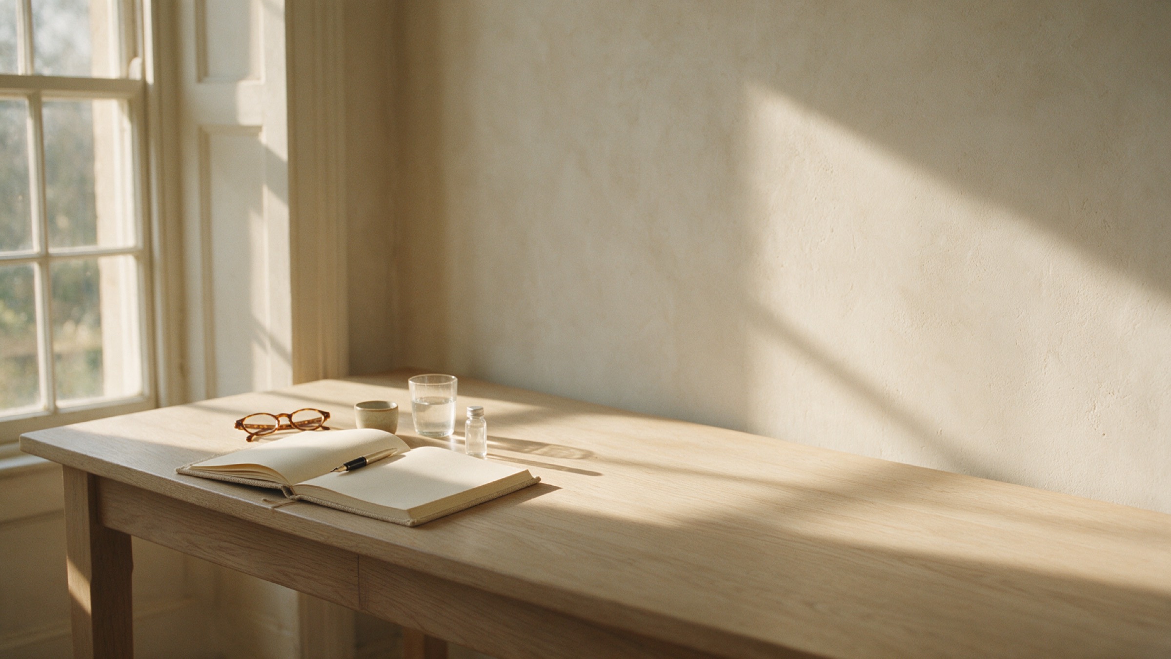 A desk by a window in morning light: an open notebook, a pen, reading glasses and a small vial