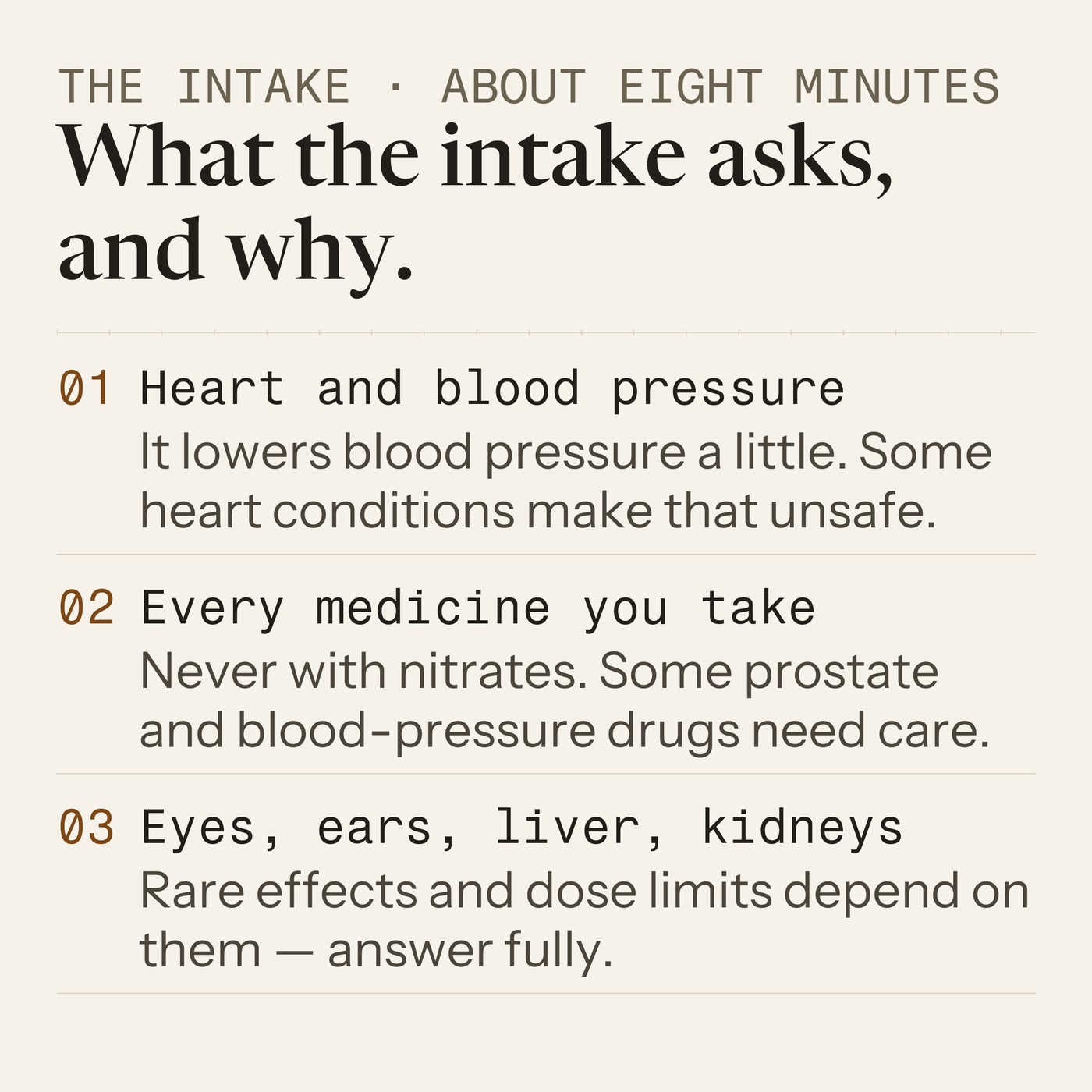 What the intake asks, and why: heart and blood pressure, every medicine you take, eyes, ears, liver and kidneys