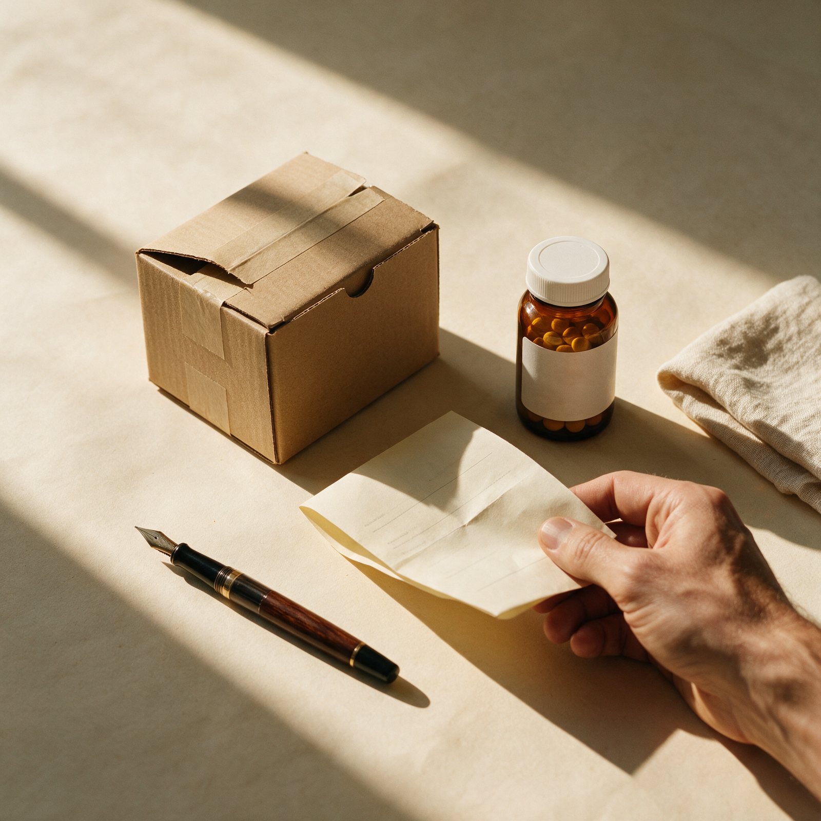A taped kraft box, a sealed pharmacy bottle of tablets with a plain label, and a hand reading the packing slip on a paper table in morning light