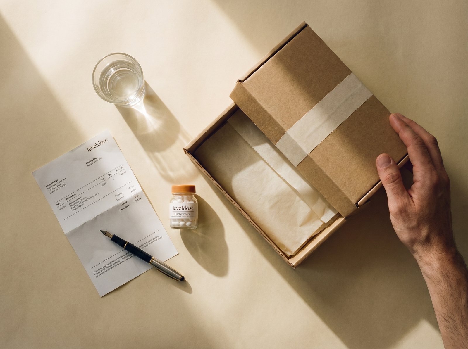 A bottle of enclomiphene tablets beside an opened plain shipping box, a packing slip and a pen, in morning light