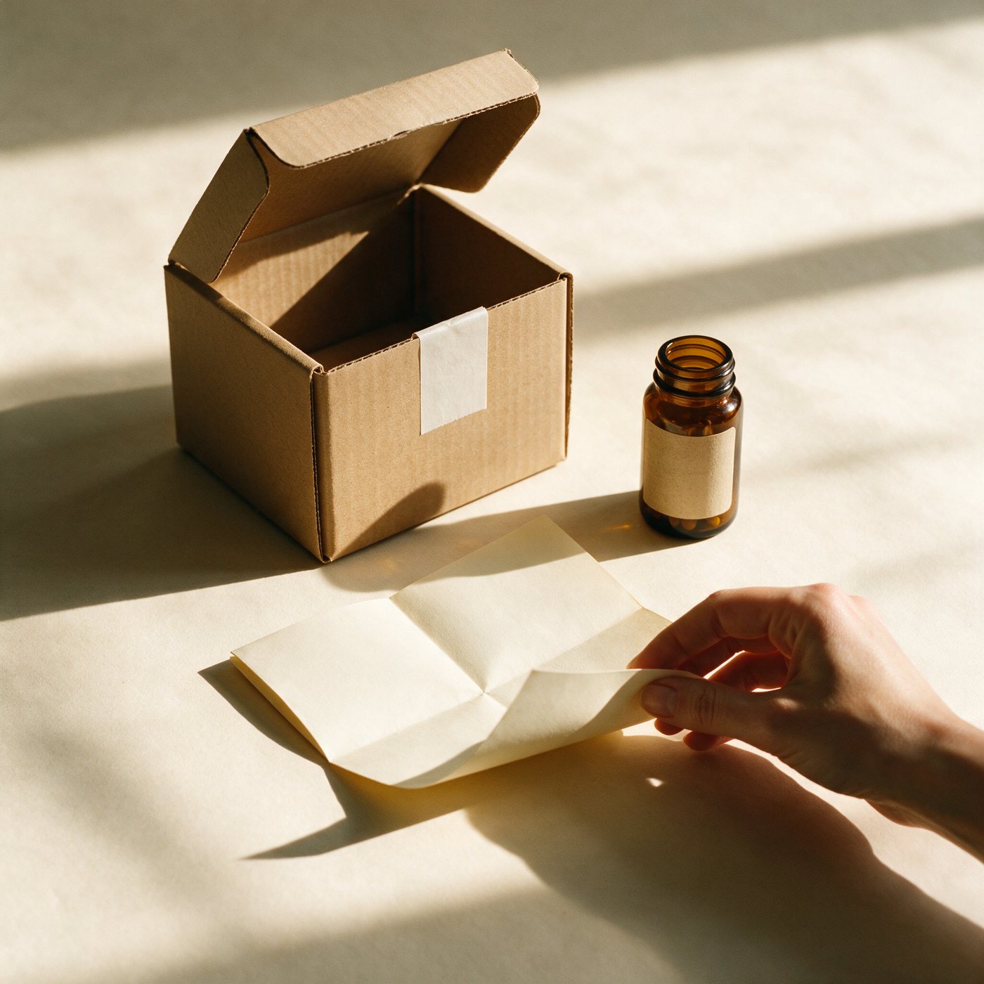 An opened unmarked shipping box, an amber pharmacy bottle with its label turned away, and a hand lifting a folded leaflet on a paper table in morning light