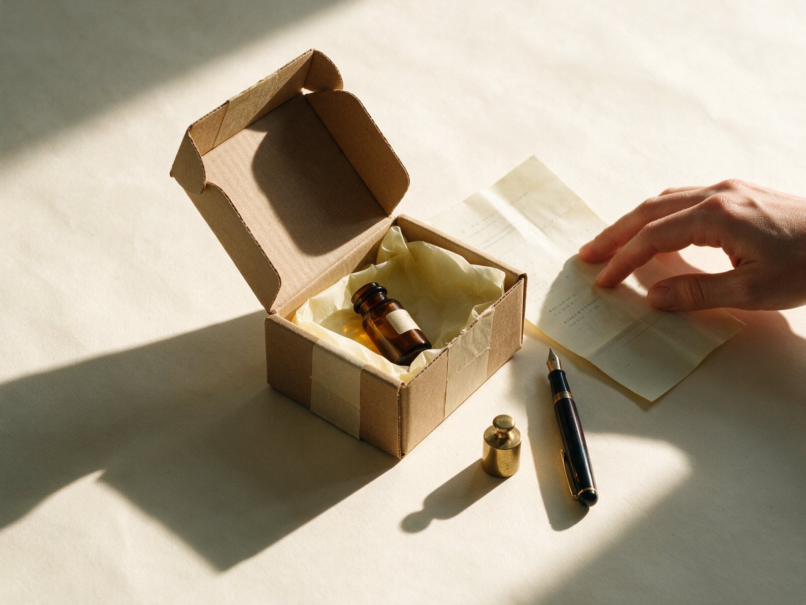 The paperwork of care: an opened shipping box with a small amber vial in tissue, a packing slip under a hand, a fountain pen and a brass weight on warm paper